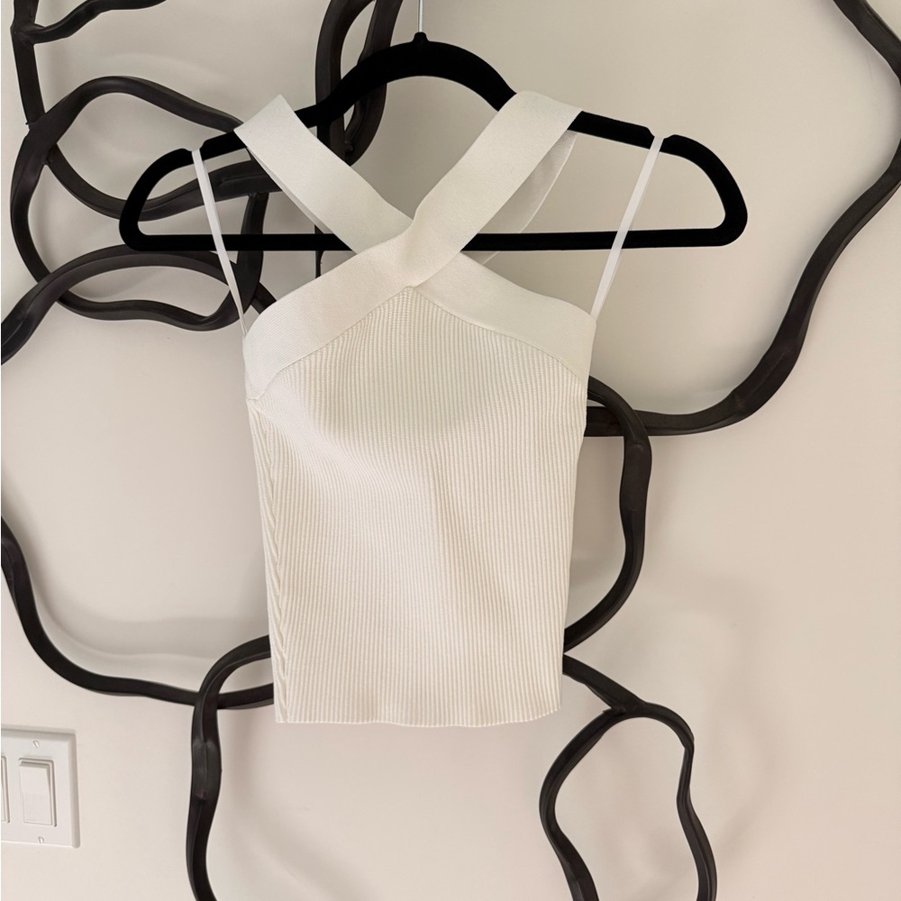 Babaton: White ribbed cross neck crop top